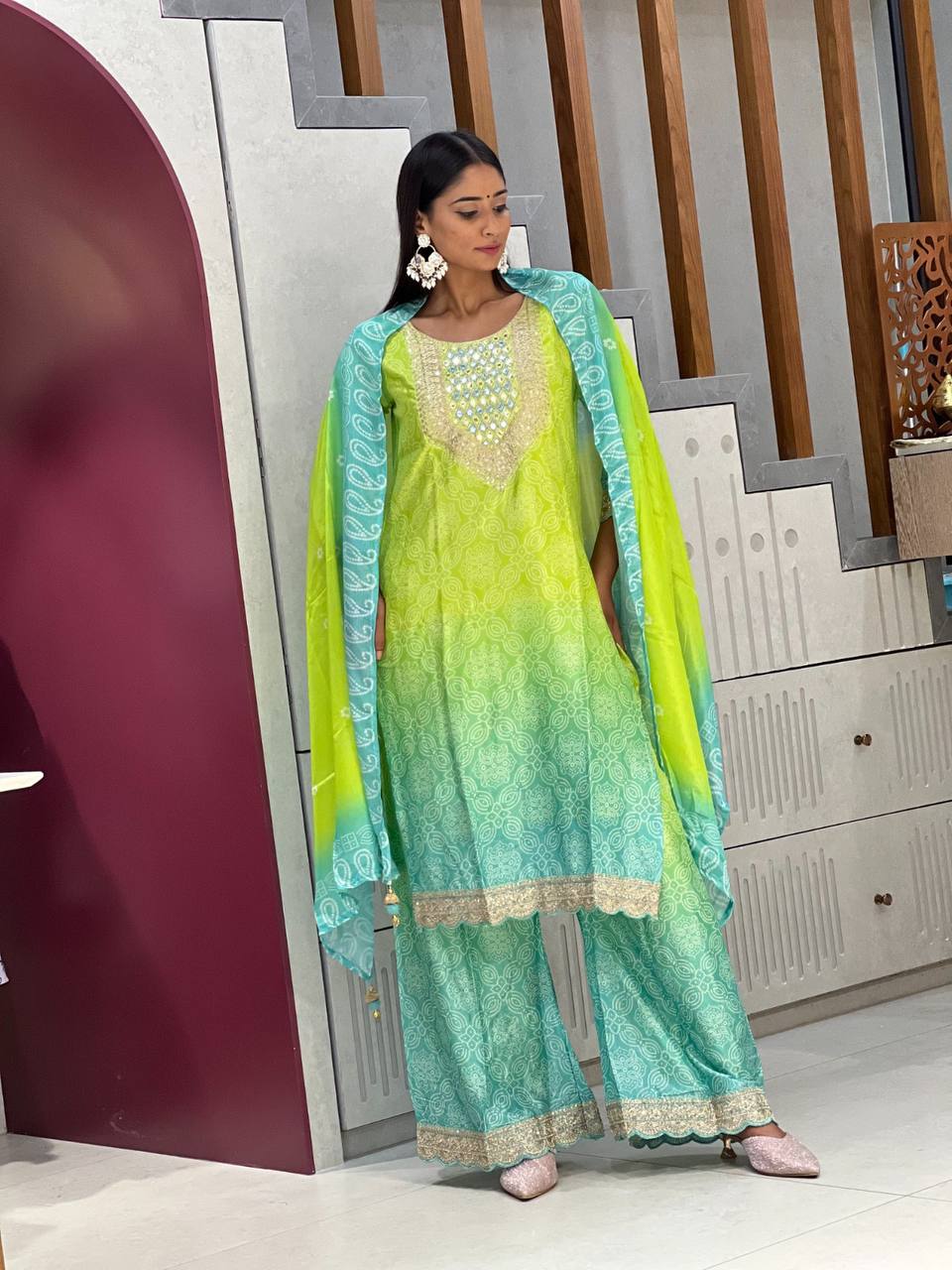 Palimpsest Green And Blue Chinon Embroidery With Bandhani Printed Suit Set