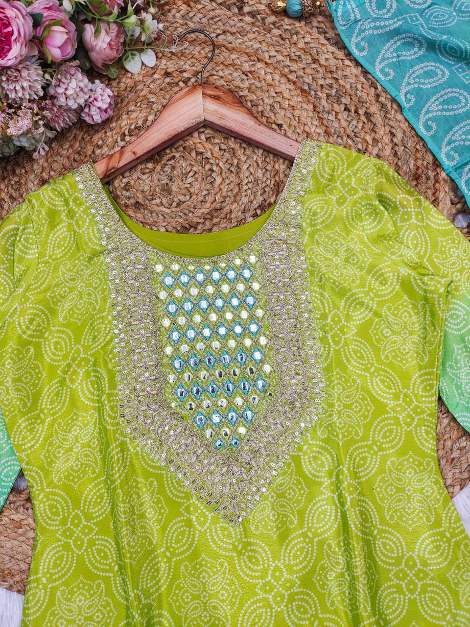 Palimpsest Green And Blue Chinon Embroidery With Bandhani Printed Suit Set