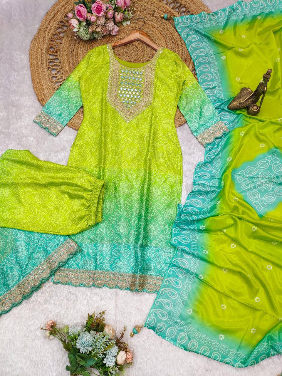 Palimpsest Green And Blue Chinon Embroidery With Bandhani Printed Suit Set