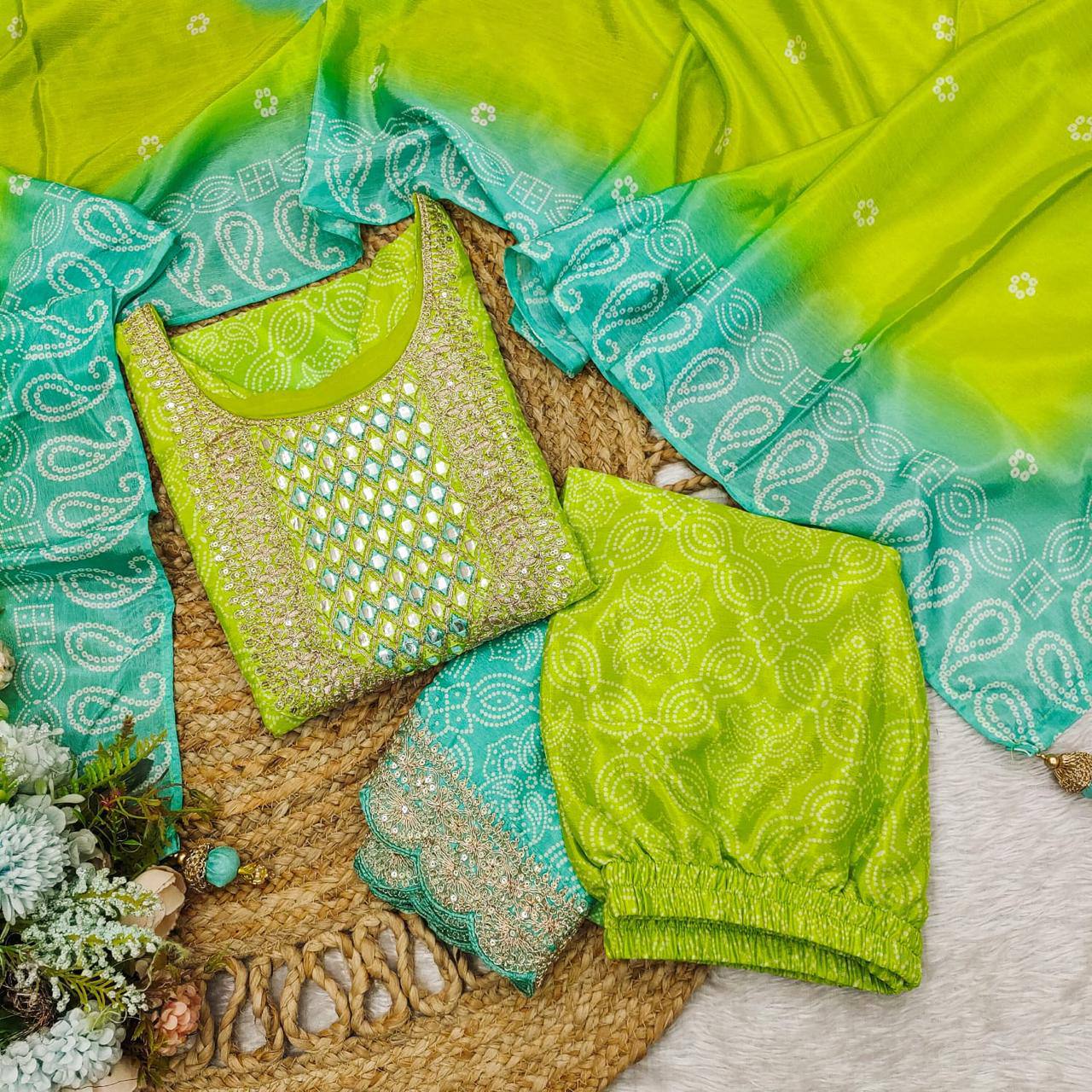 Palimpsest Green And Blue Chinon Embroidery With Bandhani Printed Suit Set