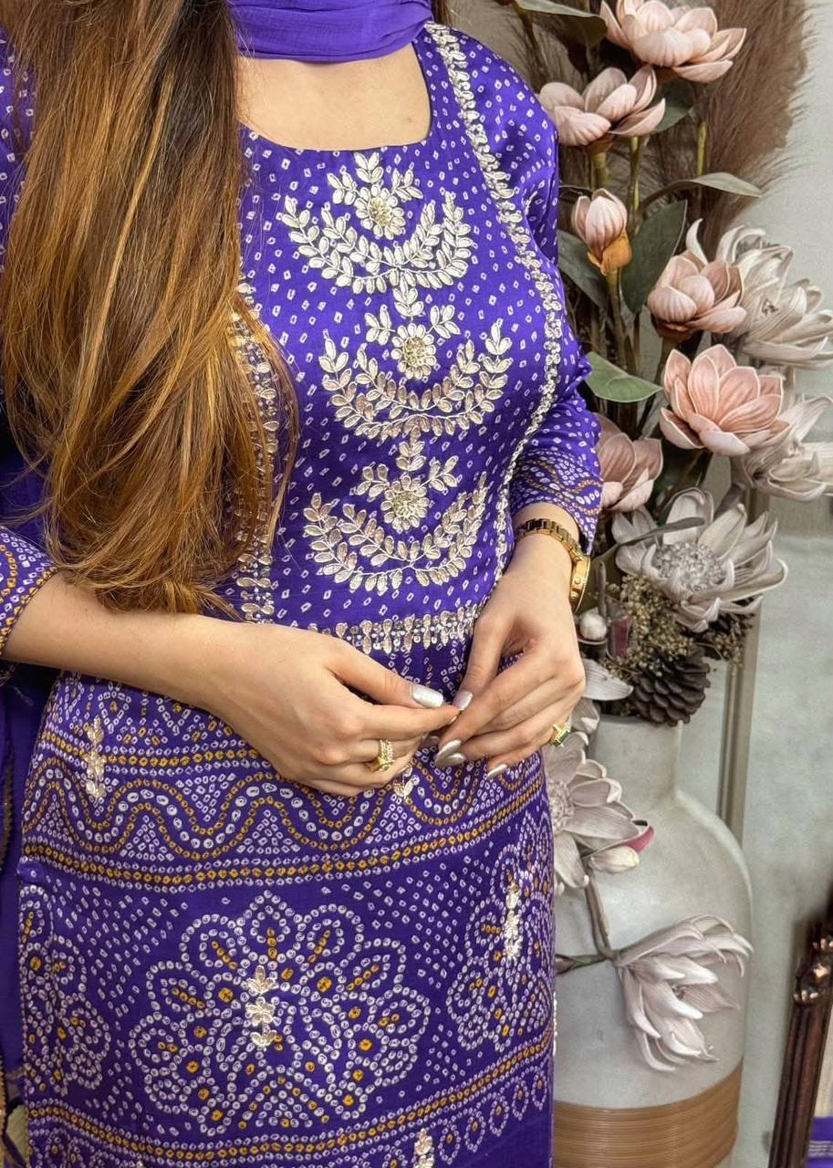 Imbrication Purple Chinnon Embroidery With Bandhani Printed Suit Set