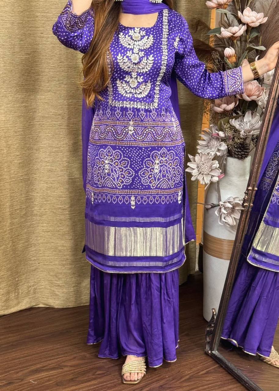 Imbrication Purple Chinnon Embroidery With Bandhani Printed Suit Set