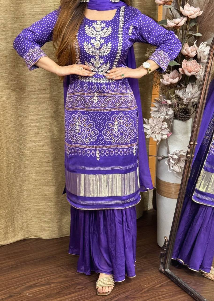 Imbrication Purple Chinnon Embroidery With Bandhani Printed Suit Set