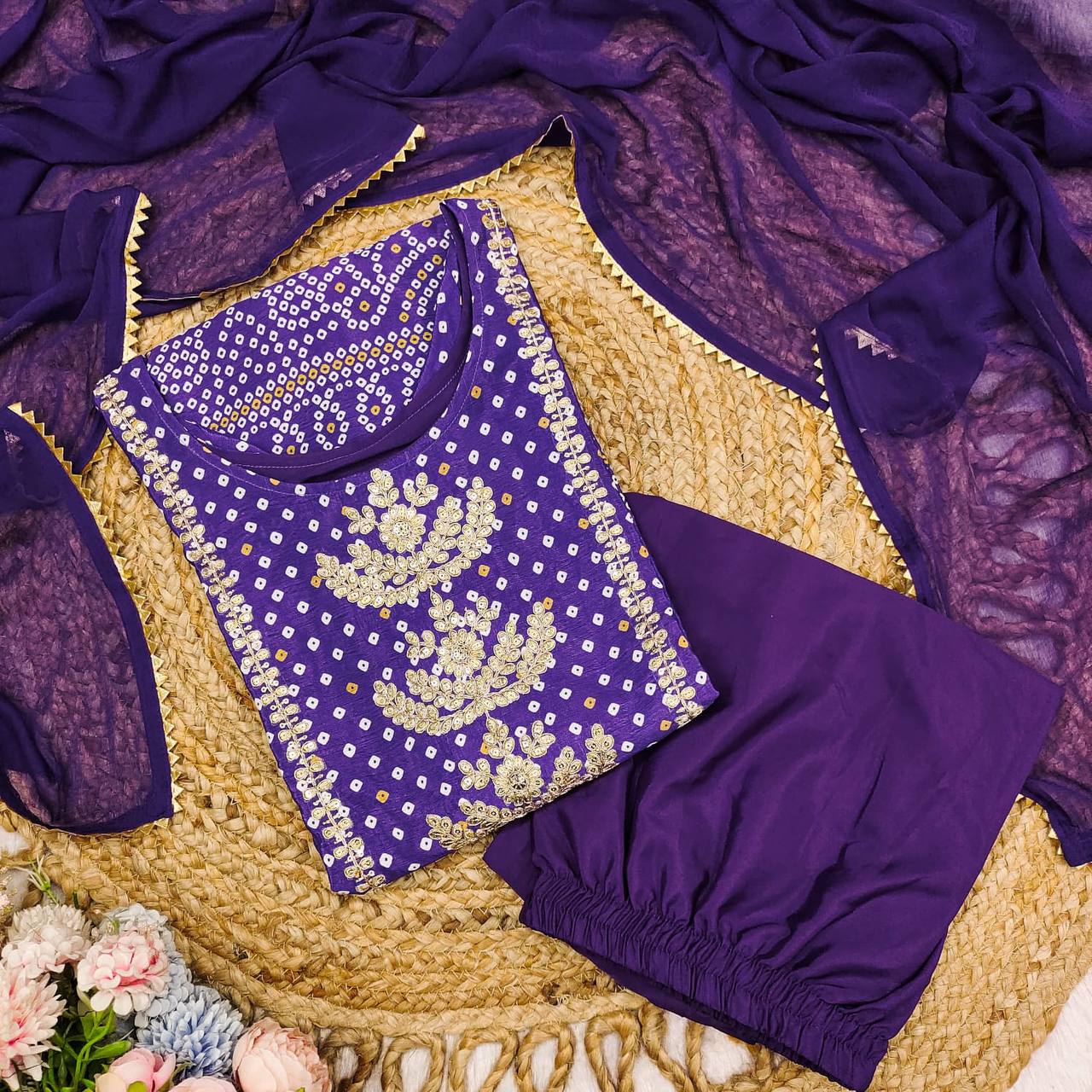 Imbrication Purple Chinnon Embroidery With Bandhani Printed Suit Set