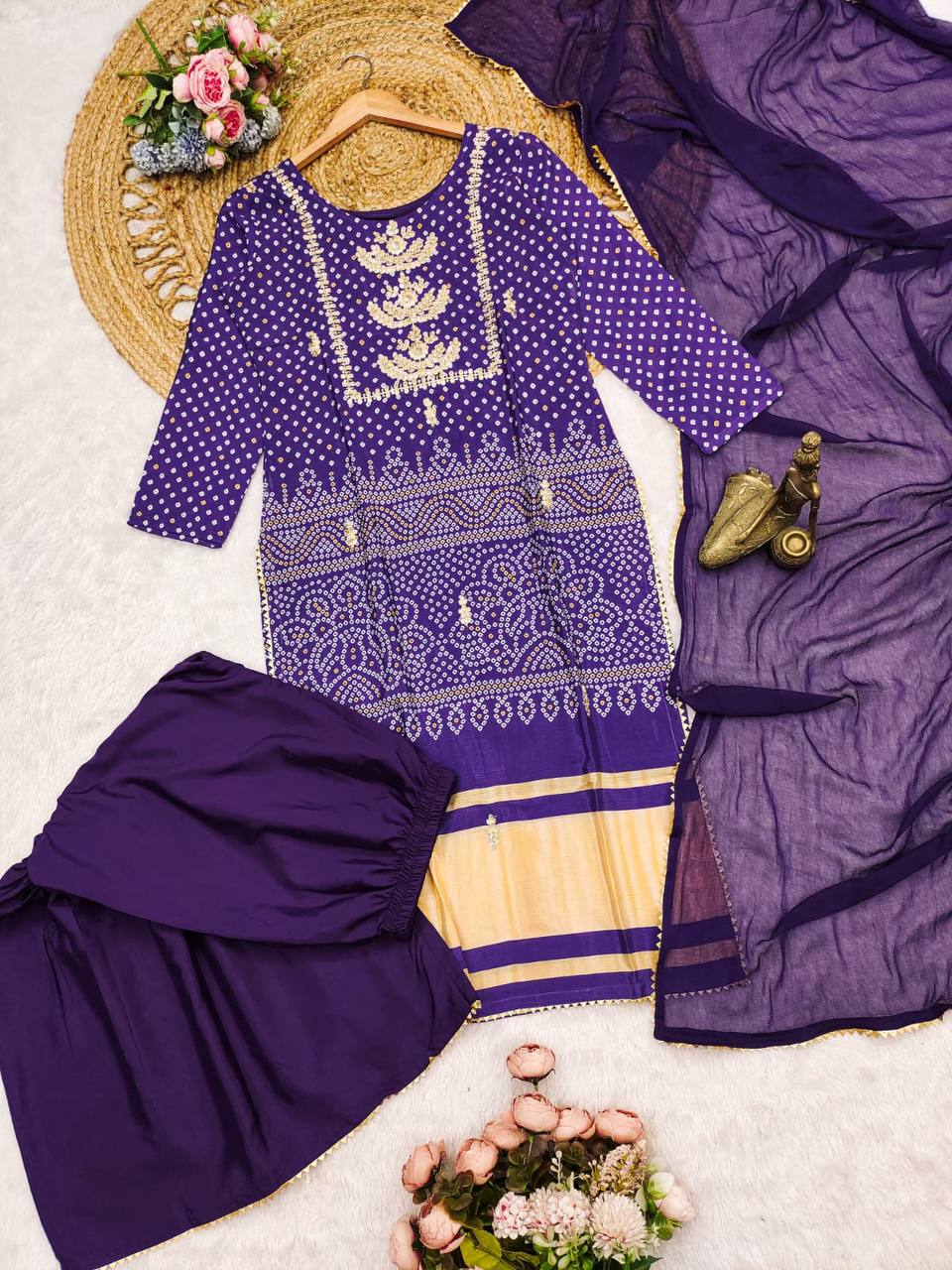 Imbrication Purple Chinnon Embroidery With Bandhani Printed Suit Set