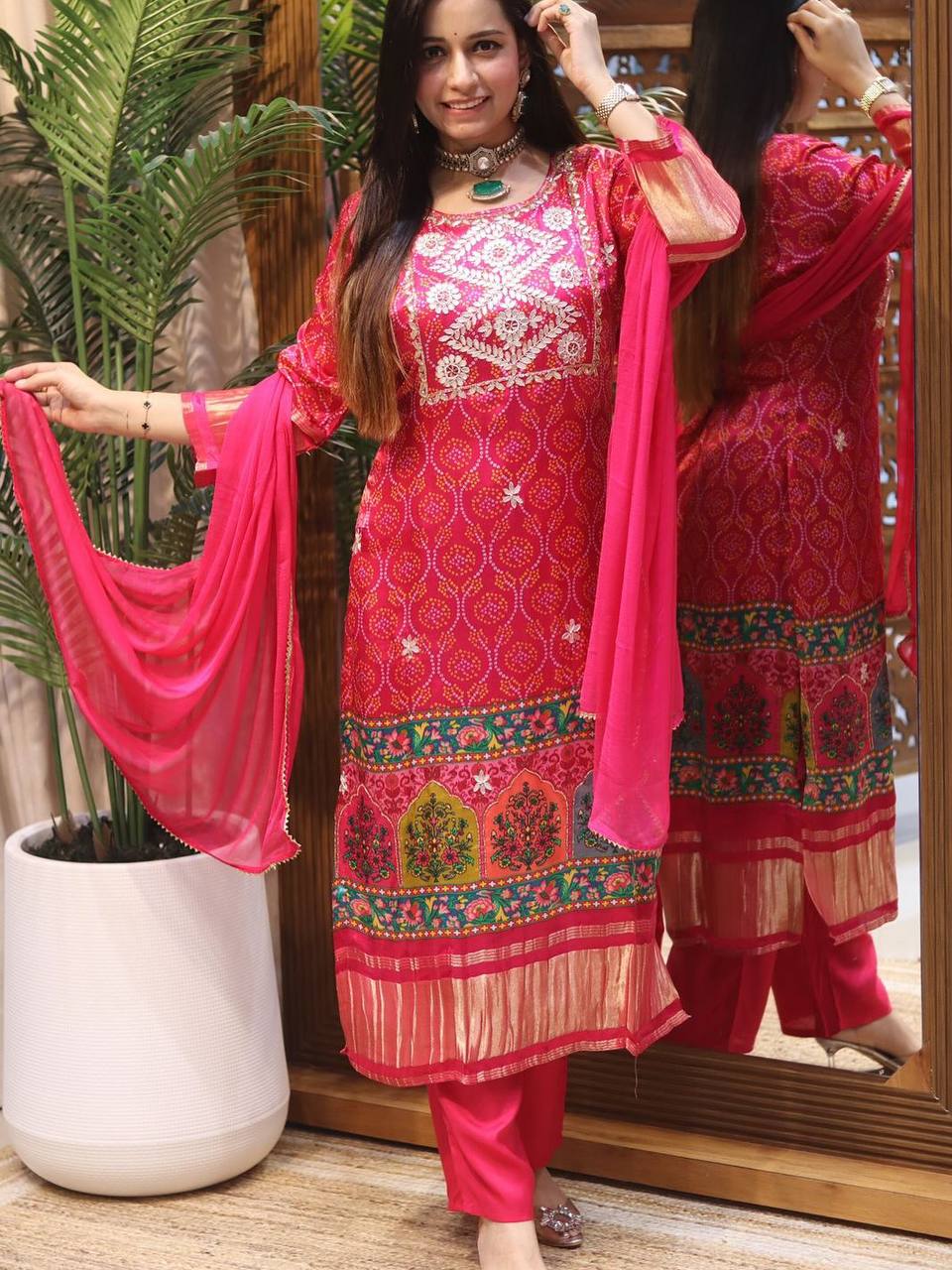 Precious Pink Chinon Embroidery With Bandhani Printed Suit Set