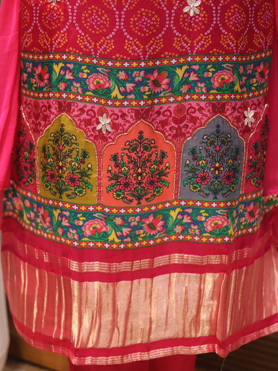 Precious Pink Chinon Embroidery With Bandhani Printed Suit Set