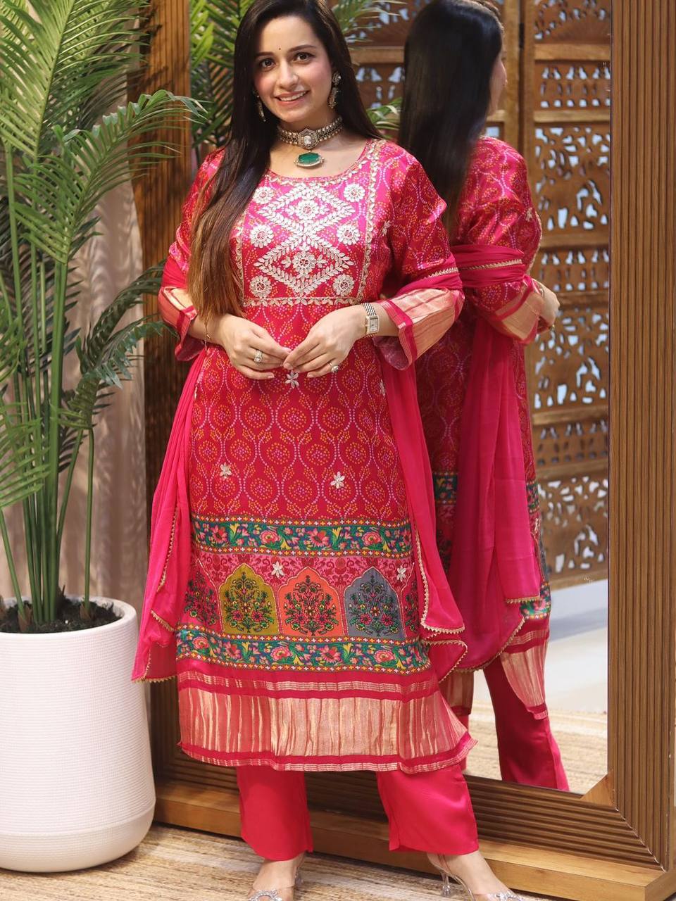 Precious Pink Chinon Embroidery With Bandhani Printed Suit Set