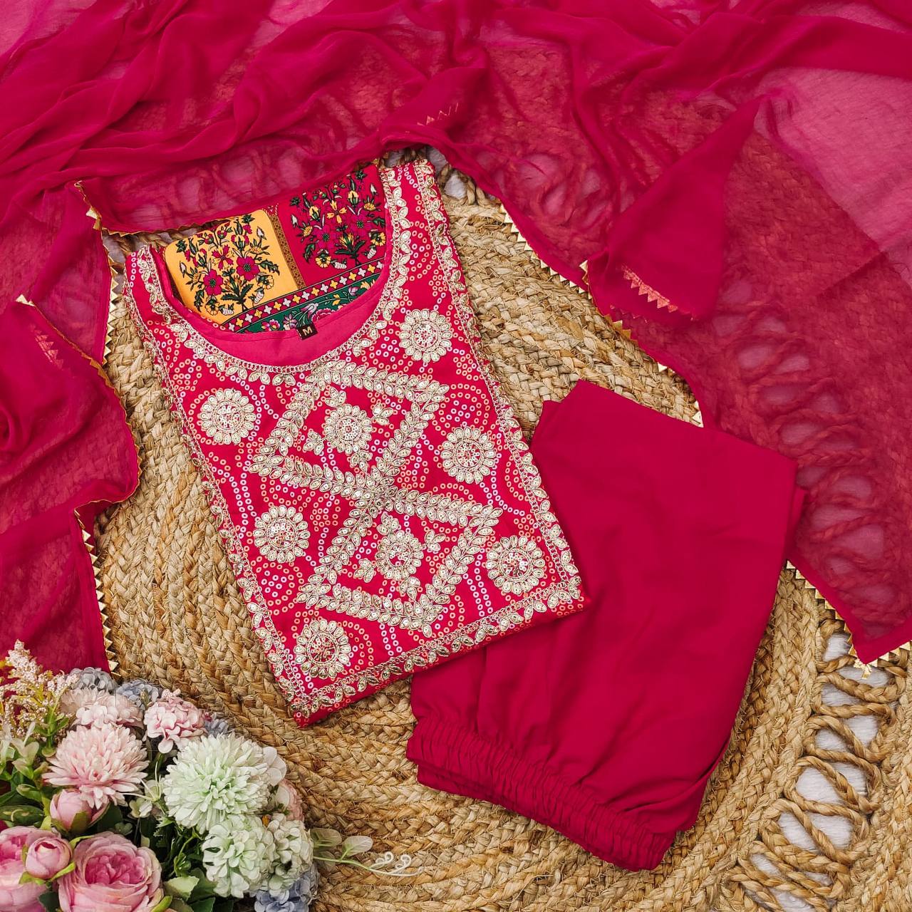 Precious Pink Chinon Embroidery With Bandhani Printed Suit Set