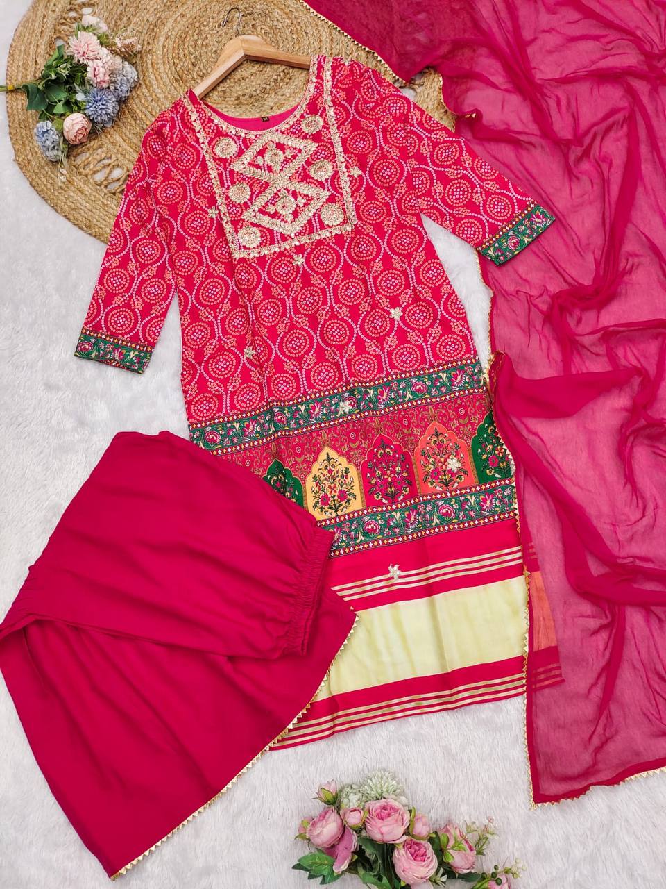 Precious Pink Chinon Embroidery With Bandhani Printed Suit Set