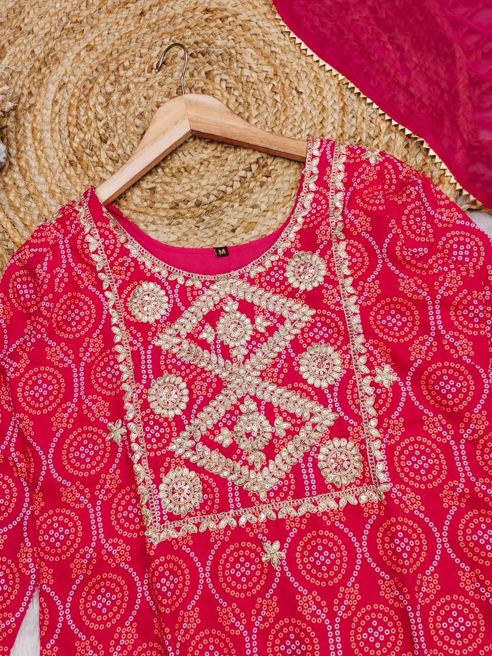 Precious Pink Chinon Embroidery With Bandhani Printed Suit Set