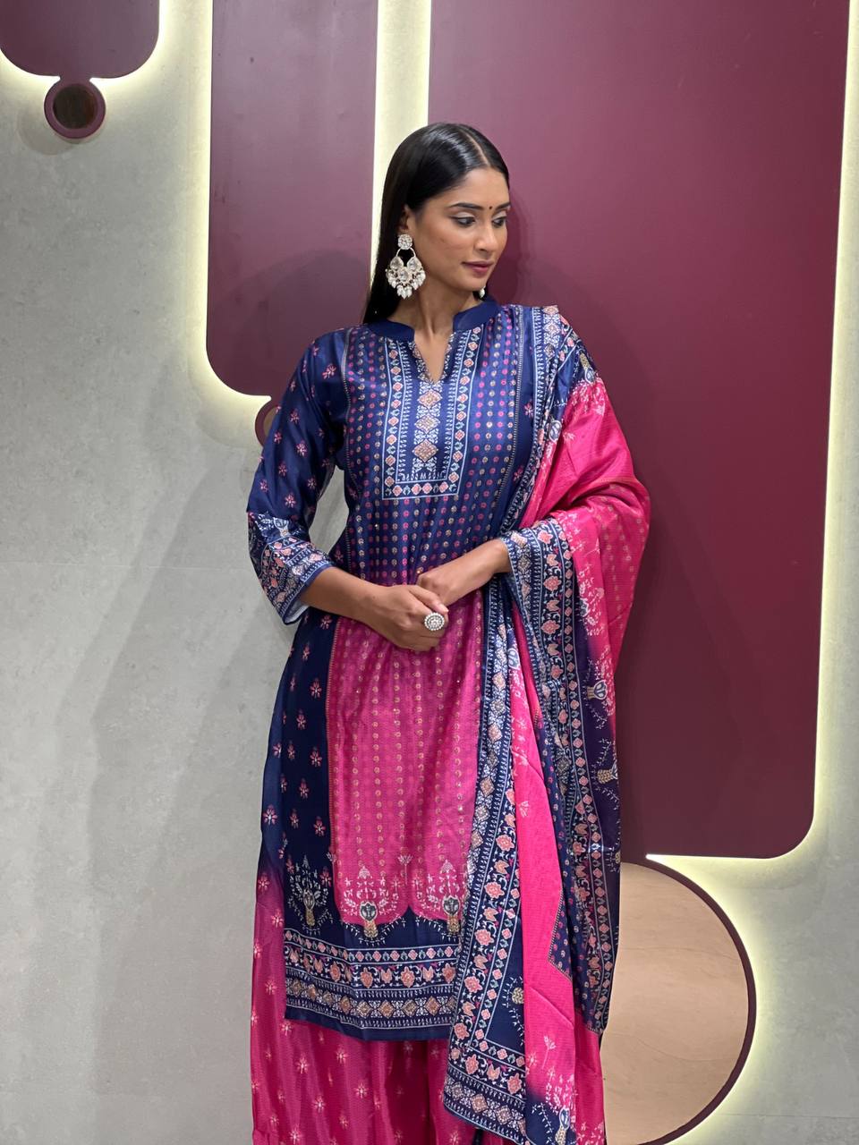Ebullience Blue And Pink Chinon Embroidery With Printed Suit Set