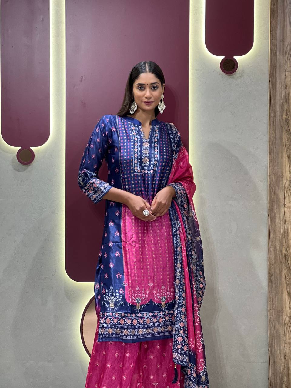 Ebullience Blue And Pink Chinon Embroidery With Printed Suit Set
