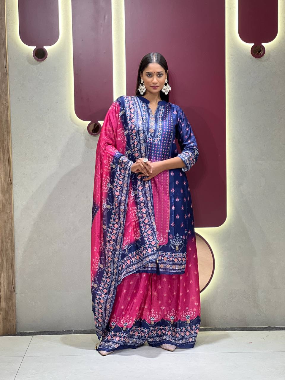 Ebullience Blue And Pink Chinon Embroidery With Printed Suit Set