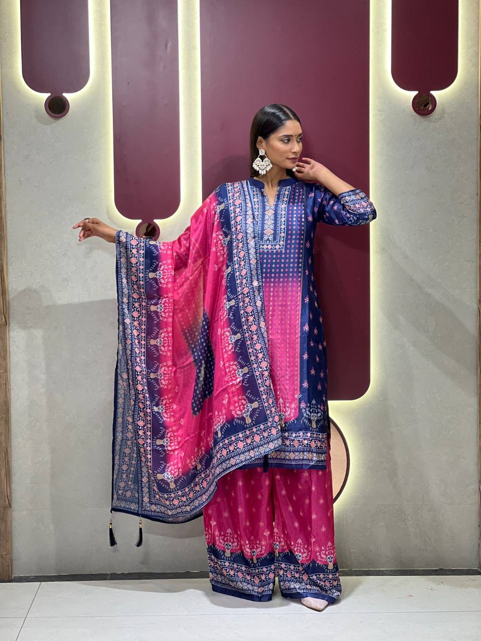 Ebullience Blue And Pink Chinon Embroidery With Printed Suit Set