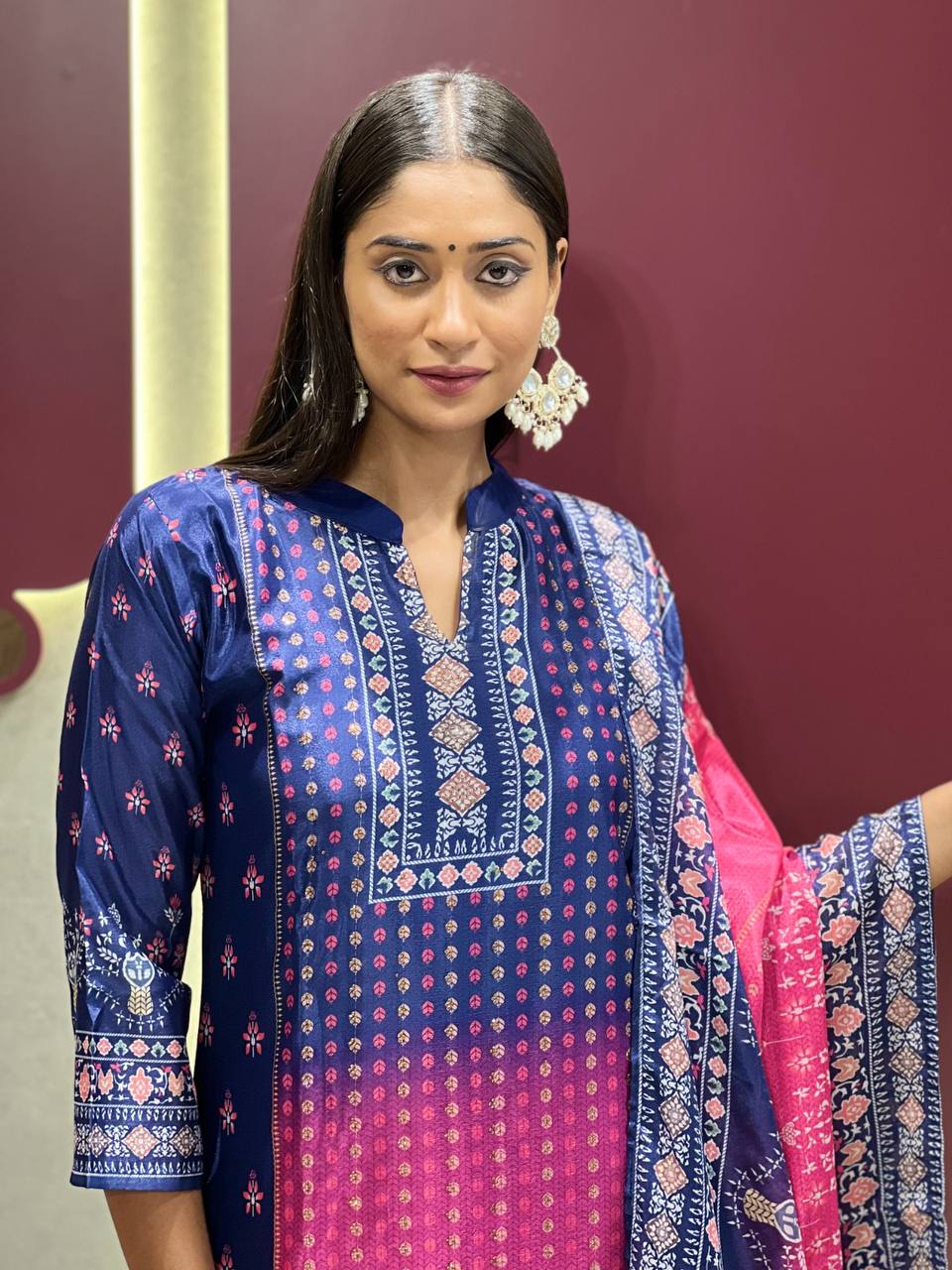 Ebullience Blue And Pink Chinon Embroidery With Printed Suit Set