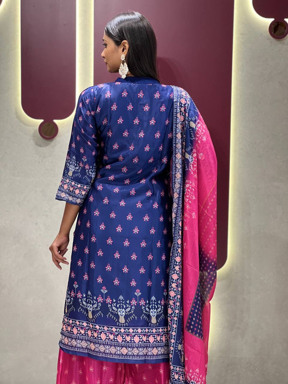 Ebullience Blue And Pink Chinon Embroidery With Printed Suit Set