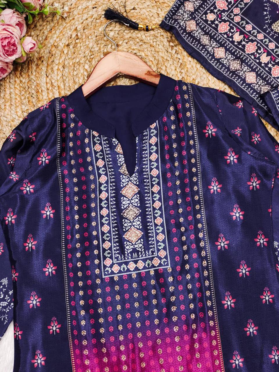 Ebullience Blue And Pink Chinon Embroidery With Printed Suit Set