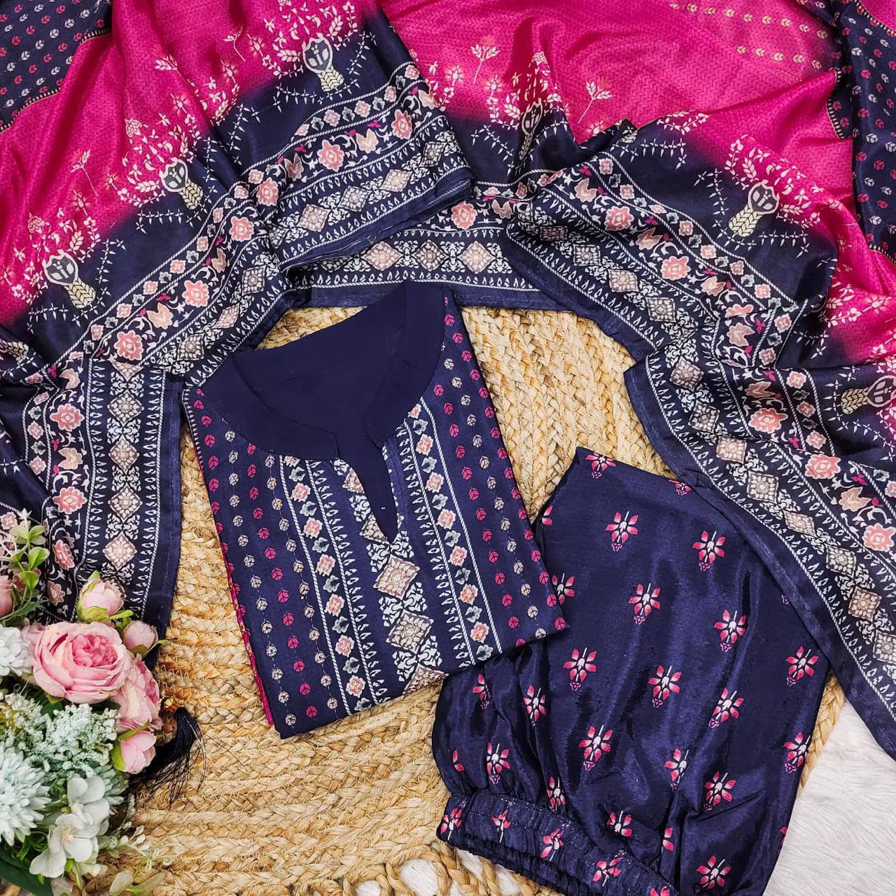 Ebullience Blue And Pink Chinon Embroidery With Printed Suit Set