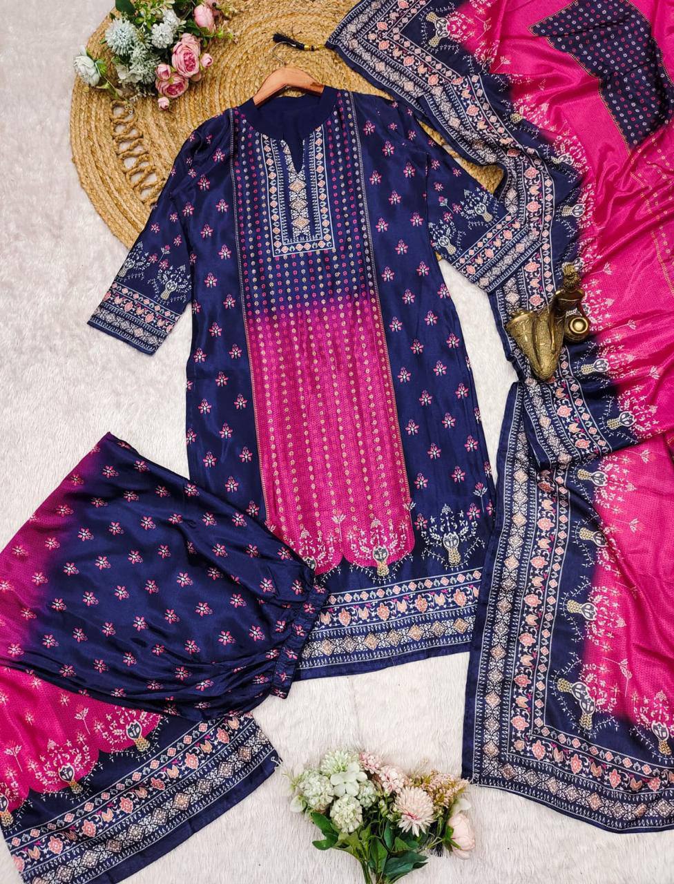 Ebullience Blue And Pink Chinon Embroidery With Printed Suit Set