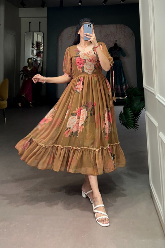 Brown Floral Printed Georgette Dress