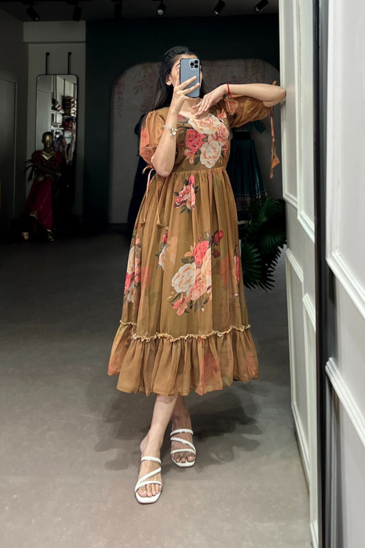 Brown Floral Printed Georgette Dress