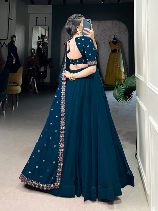 Blue Georgette Sequence Thread Embroidery work Lehenga Choli Set (Stitched)