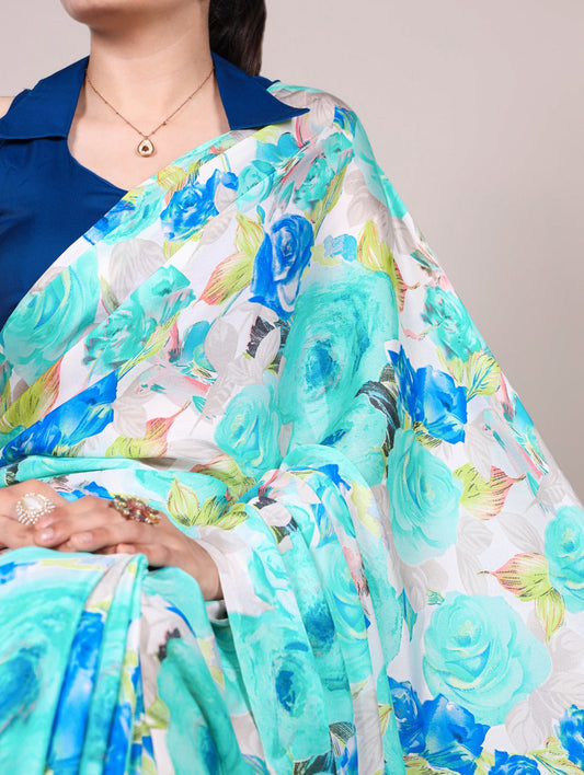 Aqua Blue Floral Printed Georgette Saree – Lightweight & Breezy
