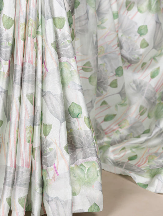 Pastel Green & Grey Lotus Print Saree in Soft Satin Finish