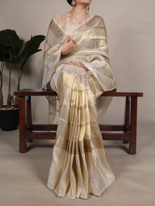 Ivory & Gold Tissue Silk Saree with Zari Woven Border