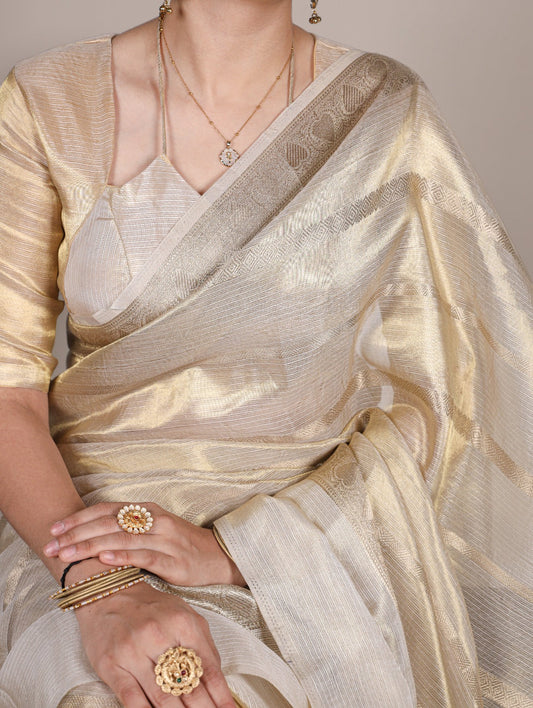Ivory & Gold Tissue Silk Saree with Zari Woven Border