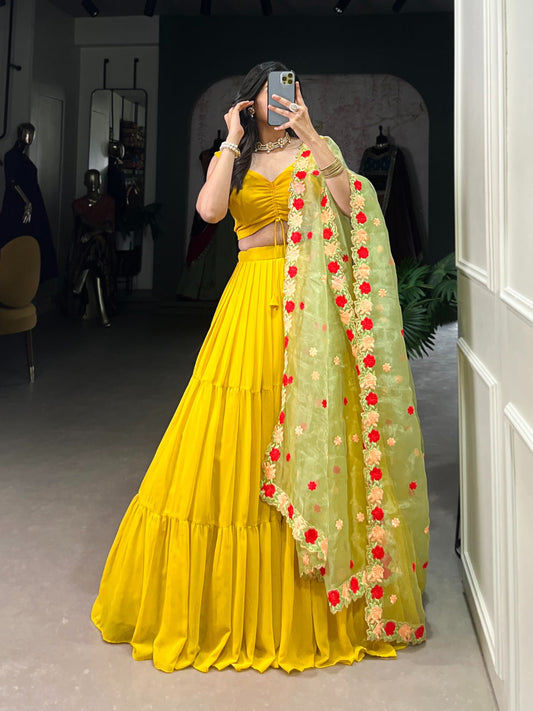 Yellow Ruffle Lehenga Choli with Floral Embroidered Dupatta