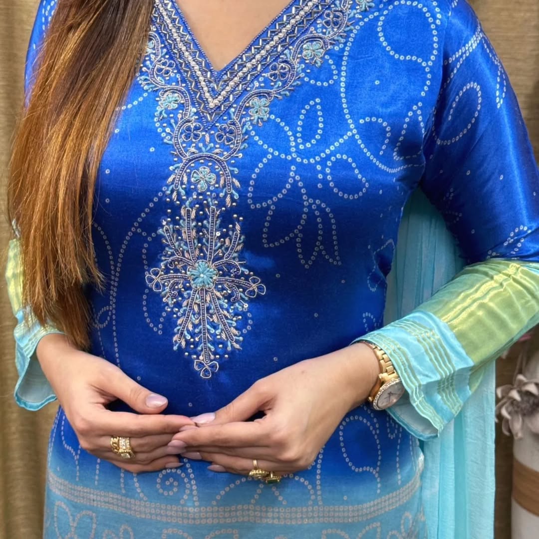 Scintilla Blue Chinon Embroidery With Bandhani Printed Suit Set