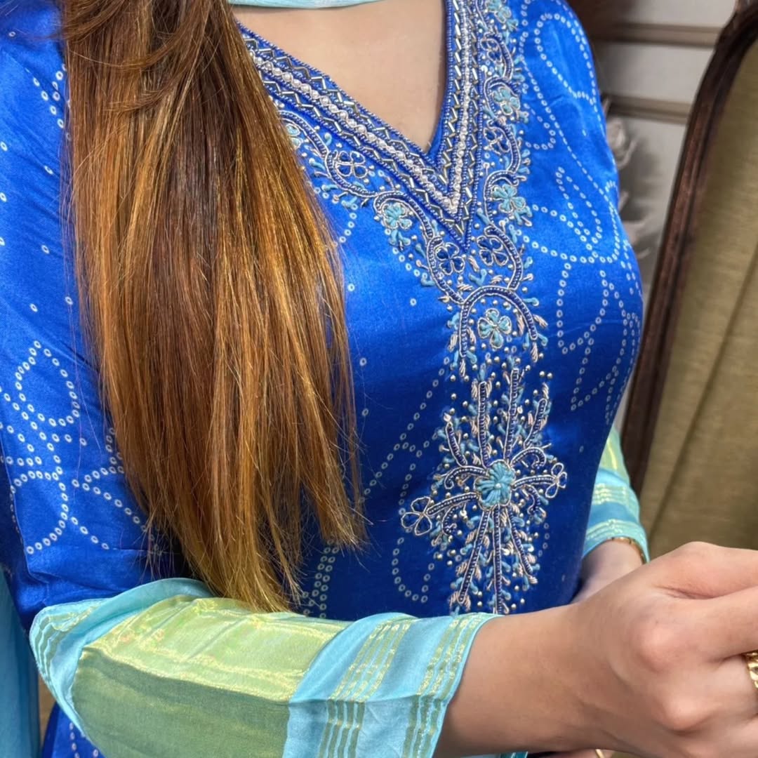 Scintilla Blue Chinon Embroidery With Bandhani Printed Suit Set