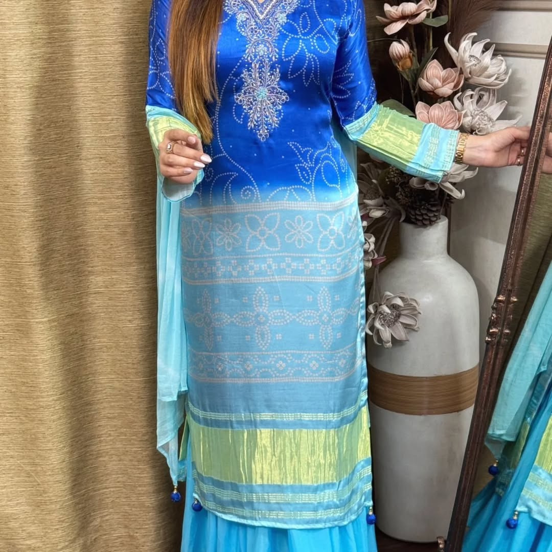 Scintilla Blue Chinon Embroidery With Bandhani Printed Suit Set