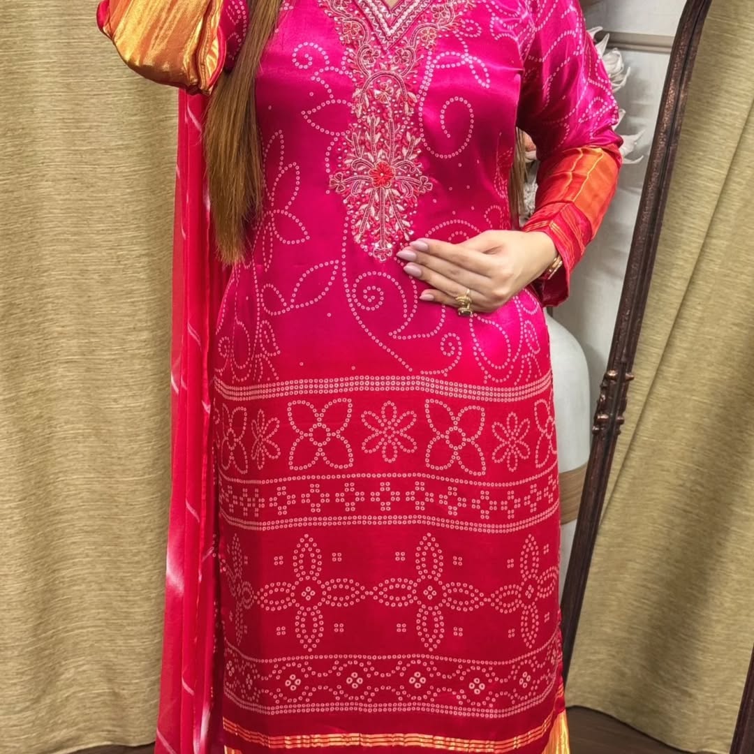 Fancifull Hot Pink Chinon Embroidery With Bandhani Printed Suit Set
