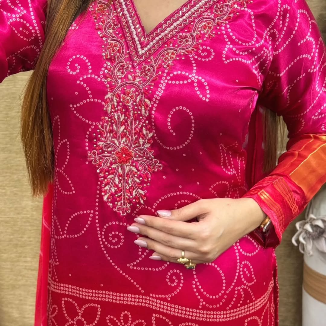 Fancifull Hot Pink Chinon Embroidery With Bandhani Printed Suit Set