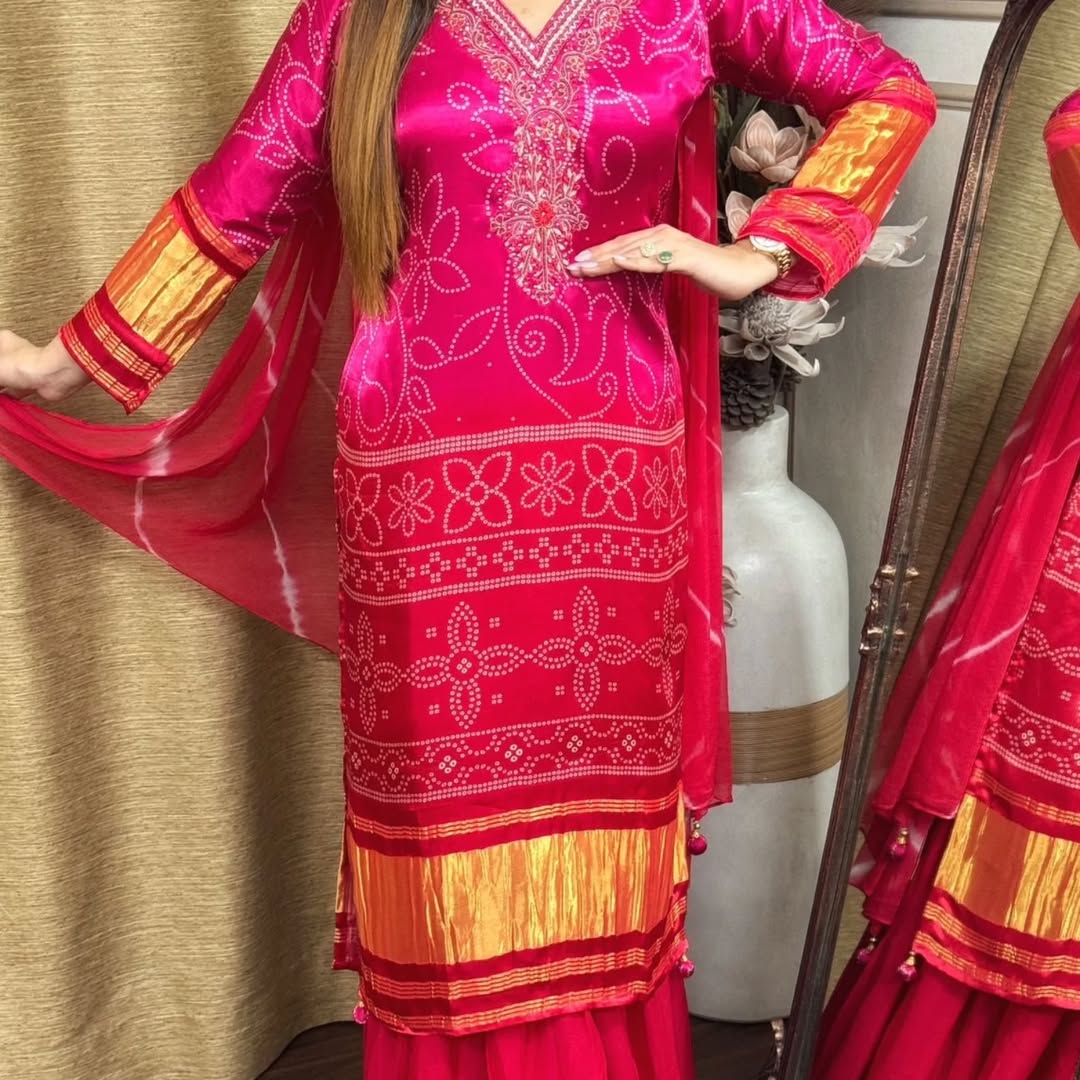 Fancifull Hot Pink Chinon Embroidery With Bandhani Printed Suit Set