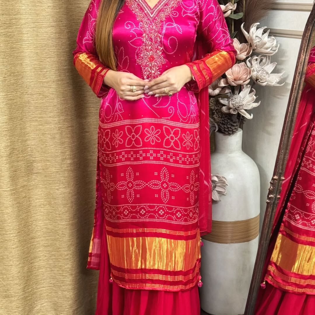 Fancifull Hot Pink Chinon Embroidery With Bandhani Printed Suit Set