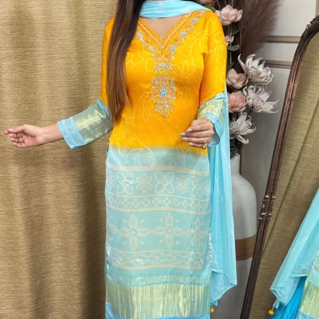 Effervescent Yellow Chinon Embroidery With Bandhani Printed Suit Set