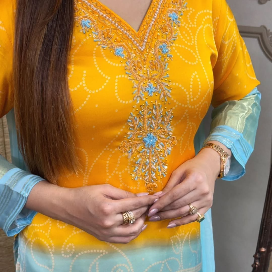 Effervescent Yellow Chinon Embroidery With Bandhani Printed Suit Set