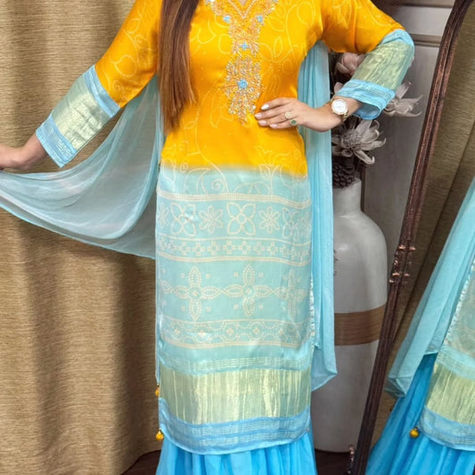 Effervescent Yellow Chinon Embroidery With Bandhani Printed Suit Set