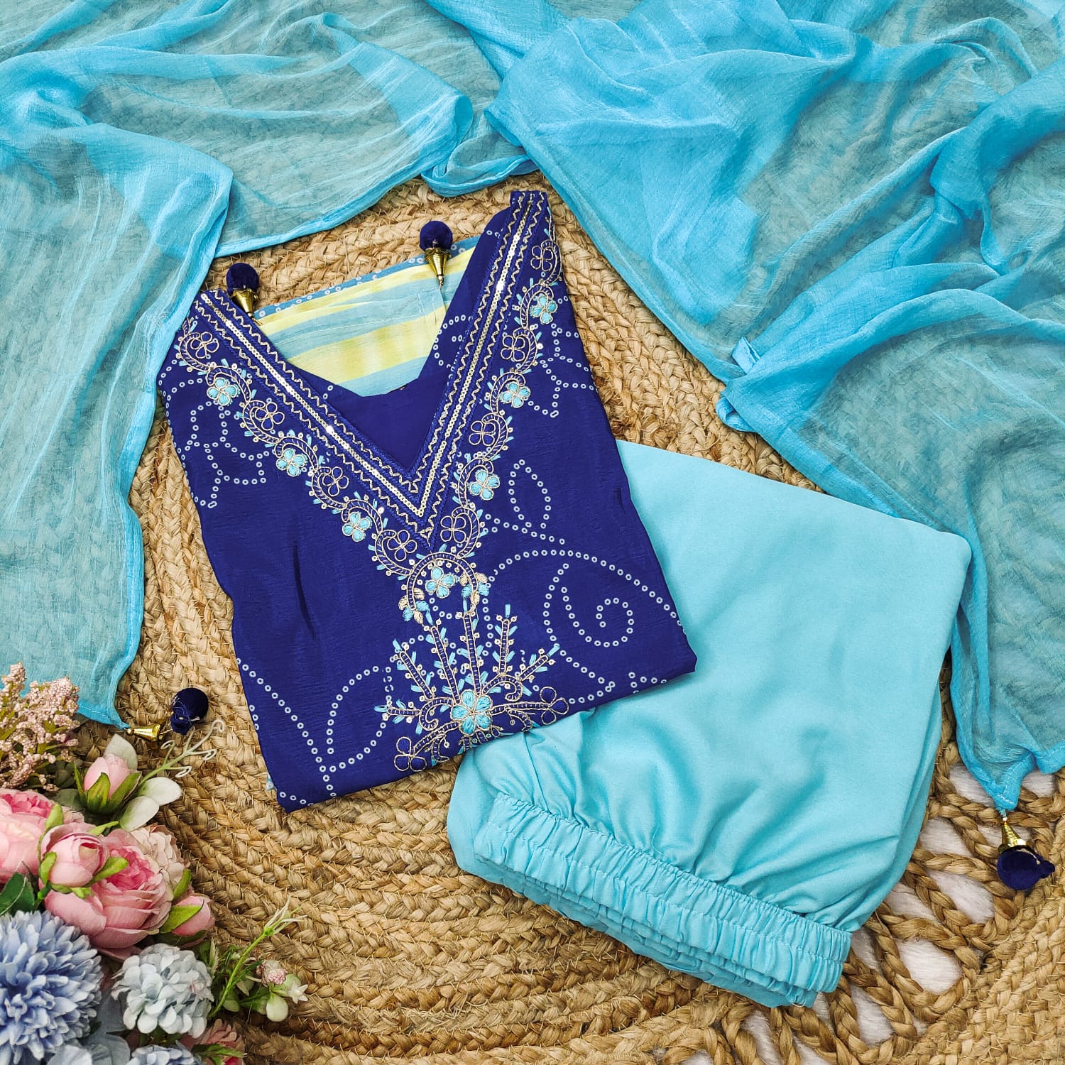 Scintilla Blue Chinon Embroidery With Bandhani Printed Suit Set