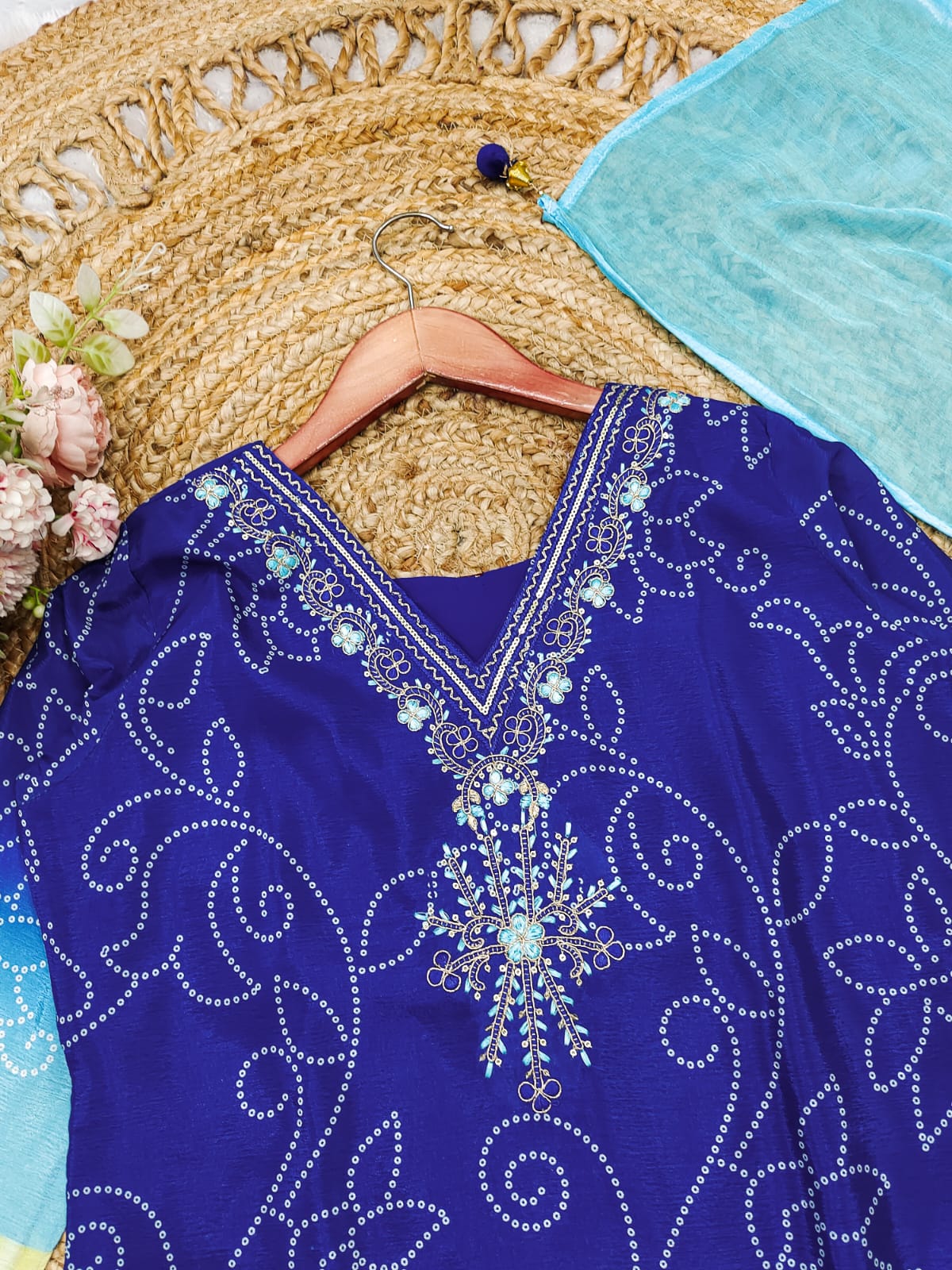 Scintilla Blue Chinon Embroidery With Bandhani Printed Suit Set