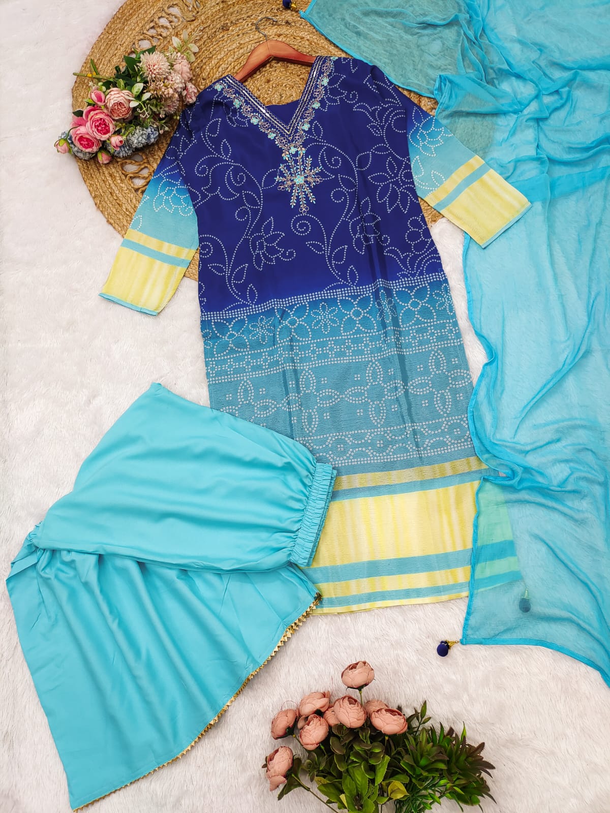 Scintilla Blue Chinon Embroidery With Bandhani Printed Suit Set