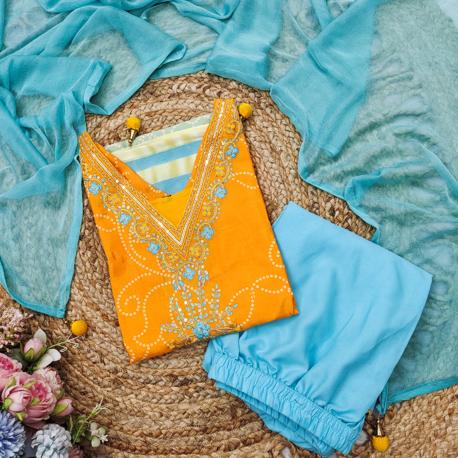 Effervescent Yellow Chinon Embroidery With Bandhani Printed Suit Set