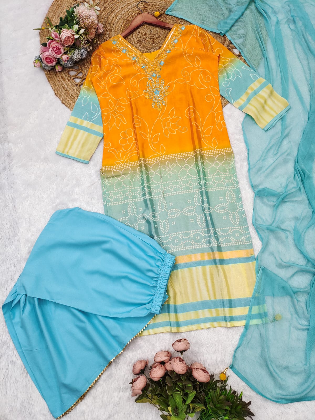 Effervescent Yellow Chinon Embroidery With Bandhani Printed Suit Set