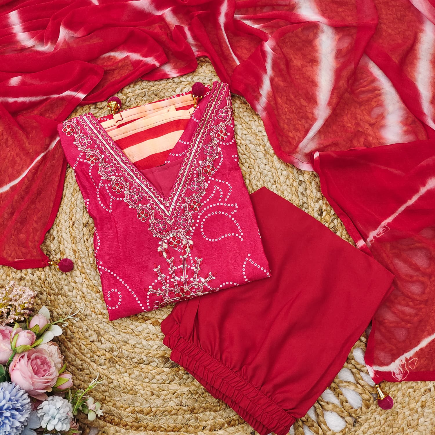 Fancifull Hot Pink Chinon Embroidery With Bandhani Printed Suit Set