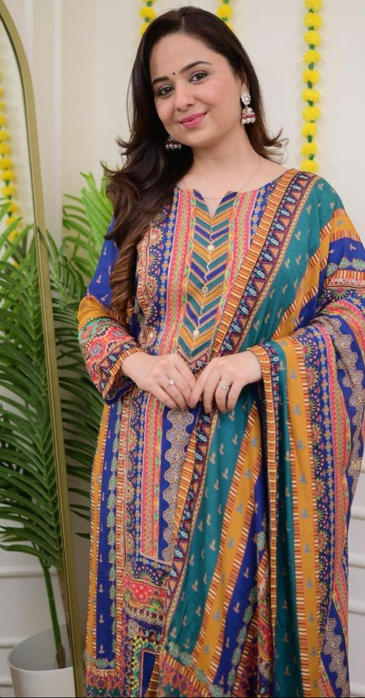 Confounding Multicolur Muslin Sequin Work Suit Set