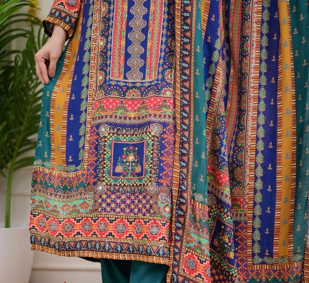 Confounding Multicolur Muslin Sequin Work Suit Set